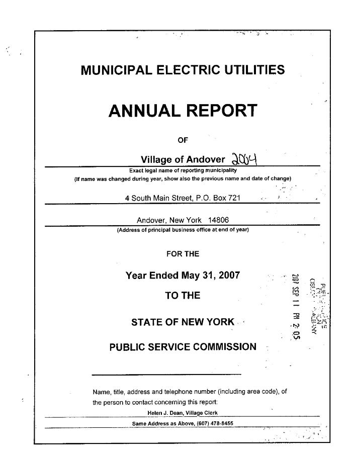 Municipal electric utilities annual report of the Village of Andover to the Public Service Commission, 2007