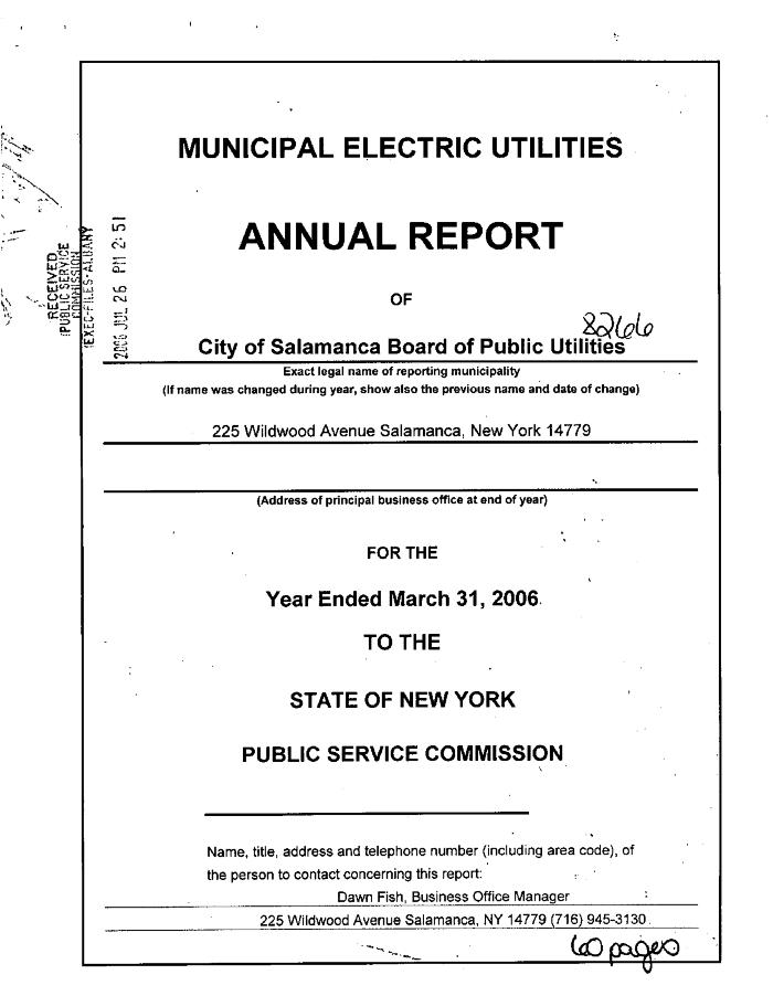 Municipal electric utilities annual report of the City of Salamanca Board of Public Utilities to the Public Service Commission, 2006