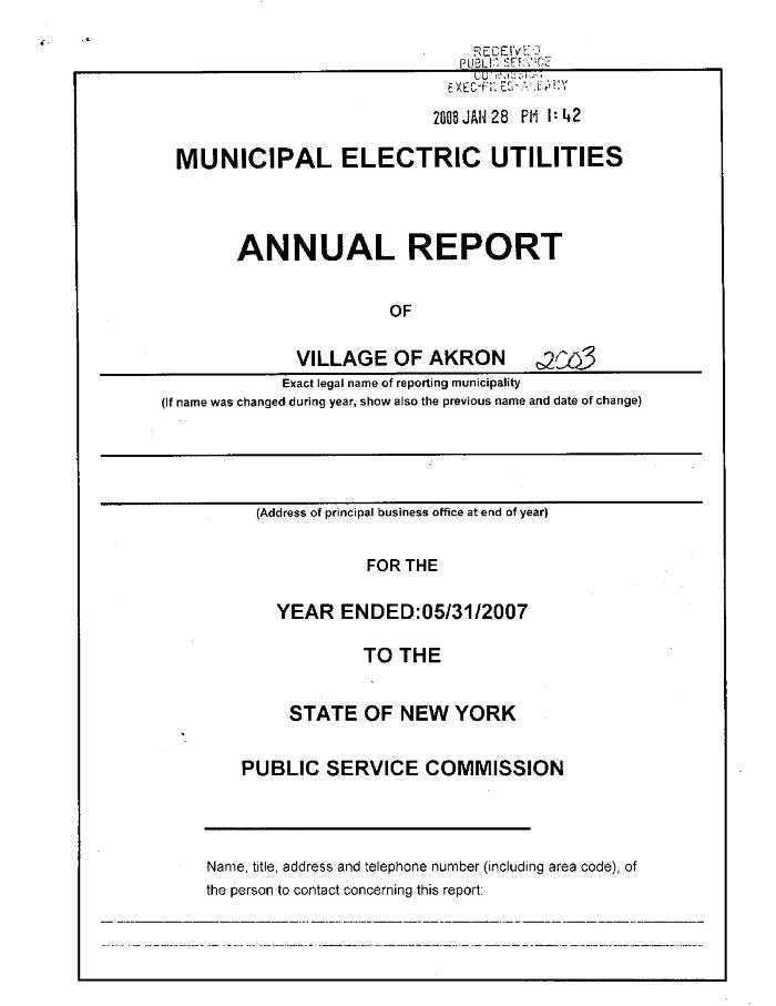 Municipal electric utilities annual report of the Village of Akron to the Public Service Commission, 2007