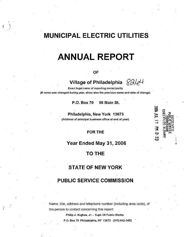 Municipal electric utilities annual report of the Village of Philadelphia to the Public Service Commission, 2006