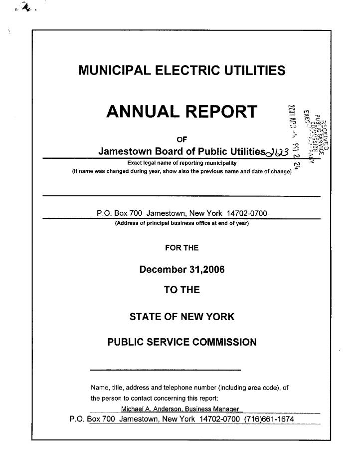 Municipal electric utilities annual report of the Jamestown Board of Public Utilities to the Public Service Commission, 2006