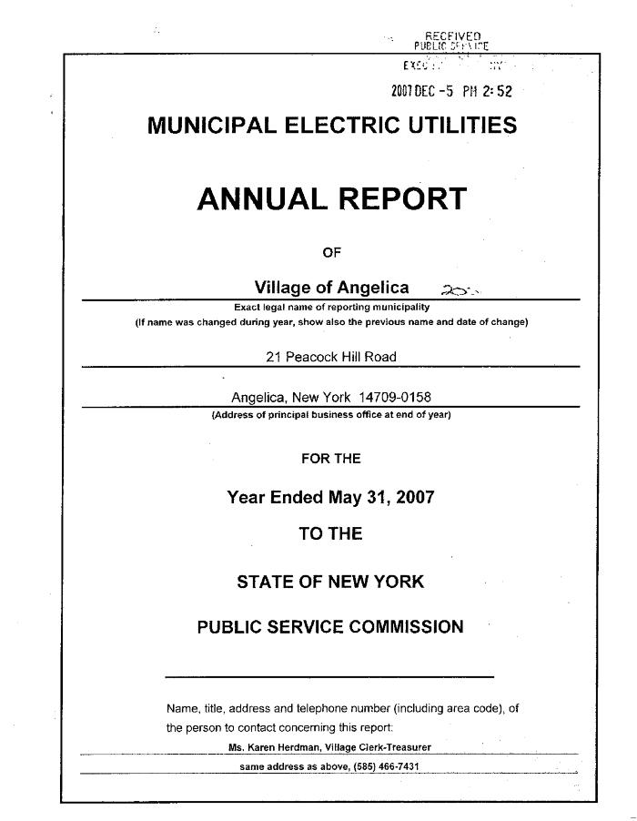 Municipal electric utilities annual report of the Village of Angelica to the Public Service Commission, 2007