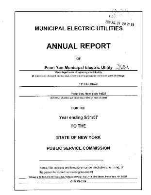 Municipal electric utilities annual report of the Penn Yan Municipal Utilities to the Public Service Commission, 2007