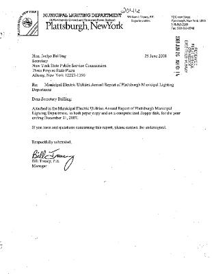 Municipal electric utilities annual report of the Plattsburgh Municipal Lighting Department to the Public Service Commission, 2007