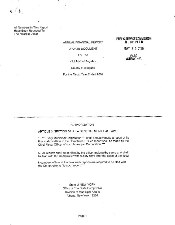 Municipal electric utilities annual report of the Village of Angelica to the Public Service Commission, 2001