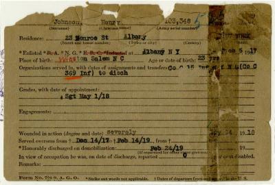 World War I military service abstract for Henry Johnson, Army service number 103348