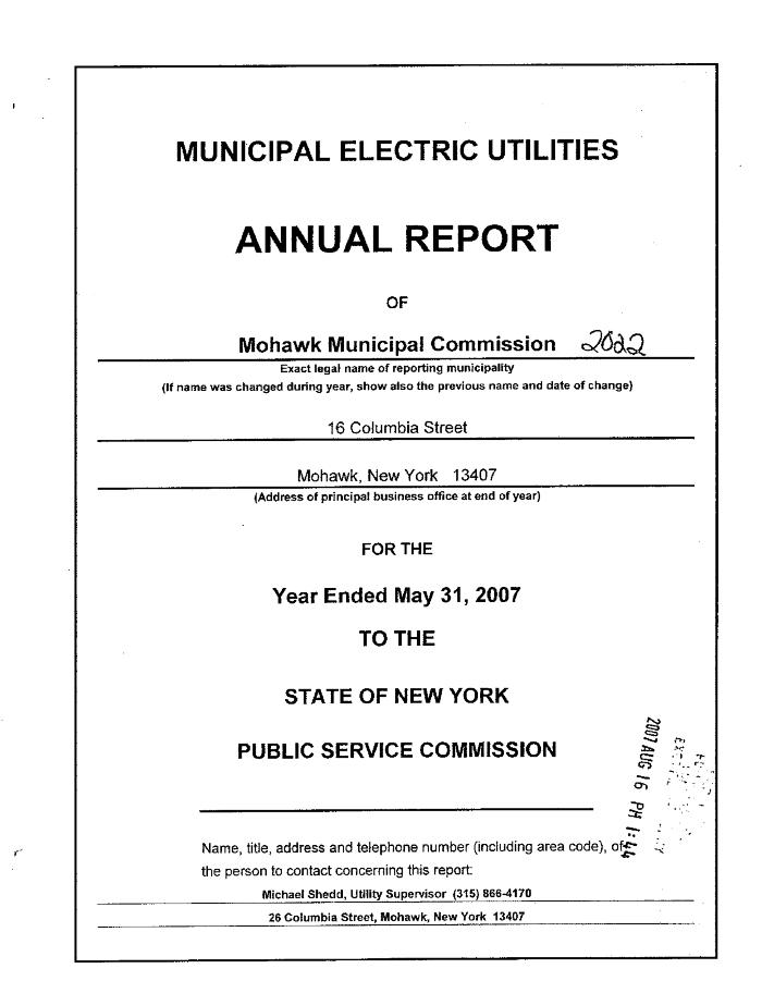 Municipal electric utilities annual report of the Mohawk Municipal Commission to the Public Service Commission, 2007