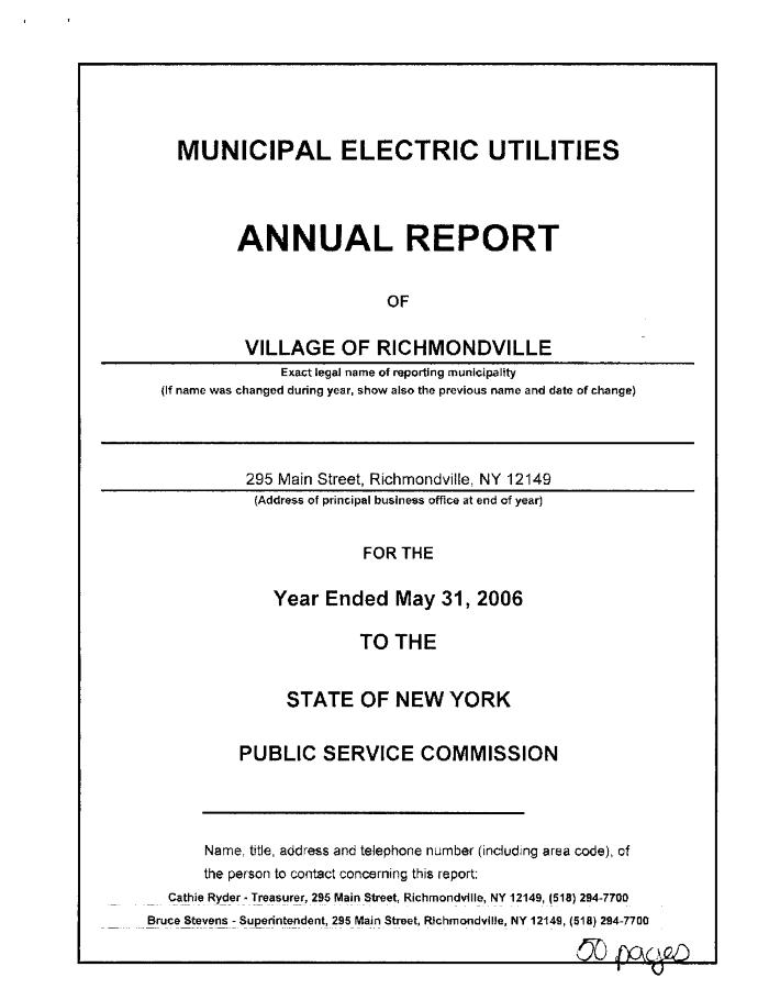 Municipal electric utilities annual report of the Village of Richmondville to the Public Service Commission, 2006