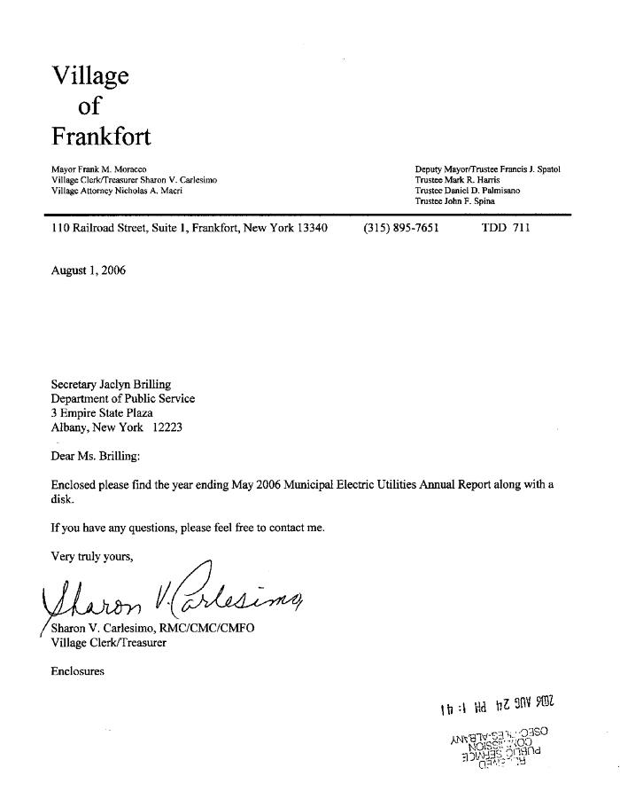 Municipal electric utilities annual report of the Village of Frankfort to the Public Service Commission, 2006