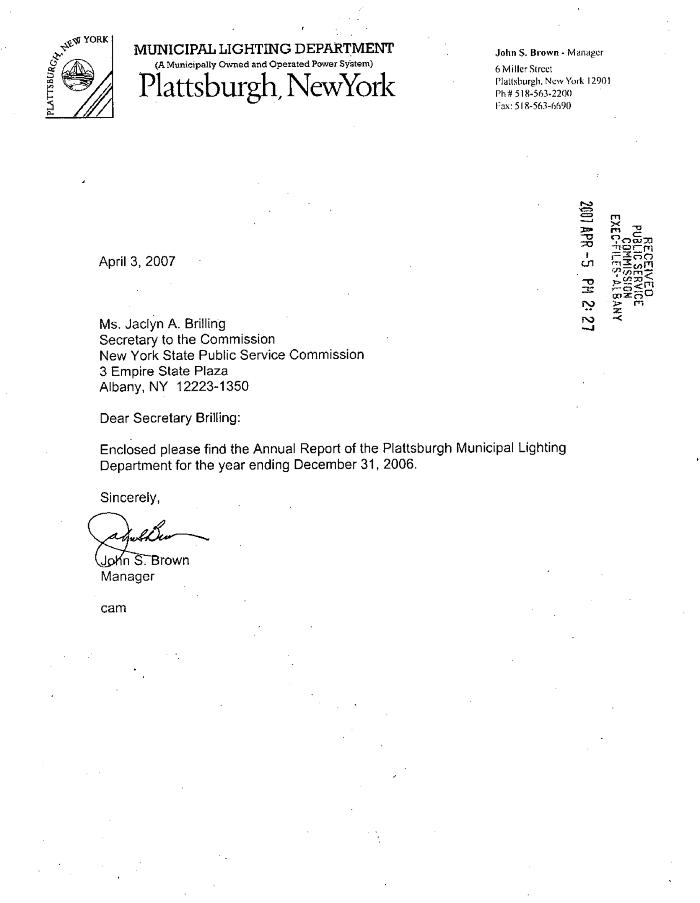 Municipal electric utilities annual report of the Plattsburgh Municipal Lighting Department to the Public Service Commission, 2006