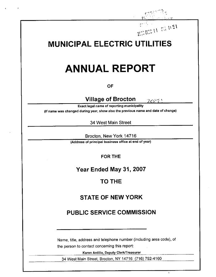 Municipal electric utilities annual report of the Village of Brocton to the Public Service Commission, 2007