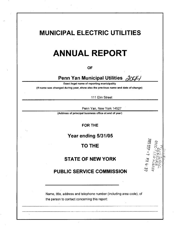 Municipal electric utilities annual report of the Penn Yan Municipal Utilities to the Public Service Commission, 2005