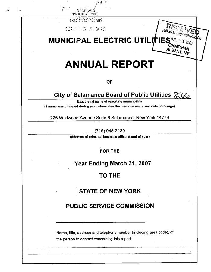 Municipal electric utilities annual report of the City of Salamanca Board of Public Utilities to the Public Service Commission, 2007