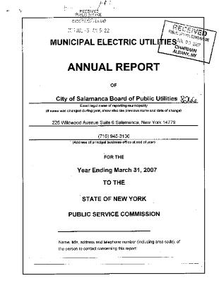 Municipal electric utilities annual report of the City of Salamanca Board of Public Utilities to the Public Service Commission, 2007