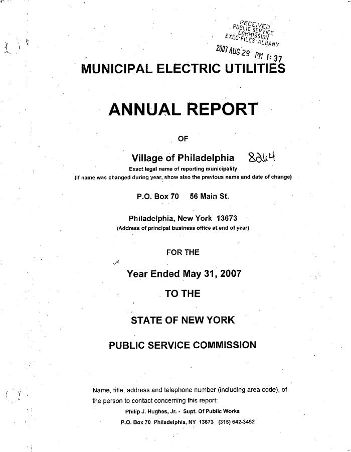 Municipal electric utilities annual report of the Village of Philadelphia to the Public Service Commission, 2007