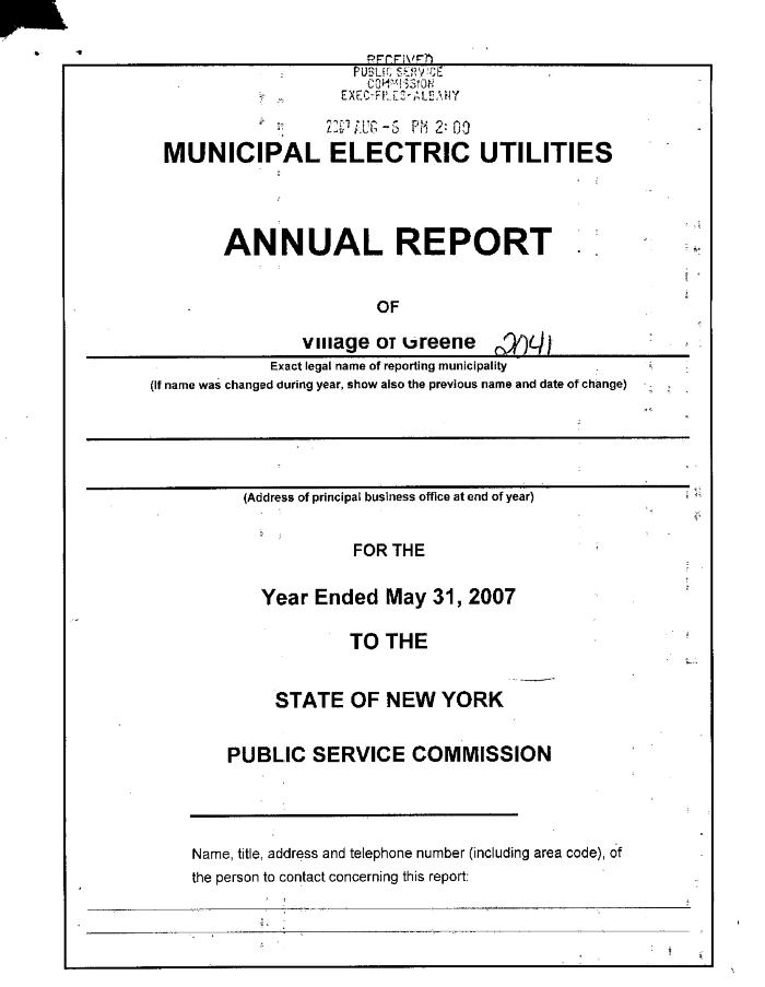 Municipal electric utilities annual report of the Village of Green to the Public Service Commission, 2007