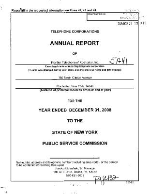 Municipal electric utilities annual report of Frontier Telephone of Rochester Inc., 2008