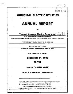 Municipal electric utilities annual report of the Town of Massena Electric Department to the Public Service Commission, 2008