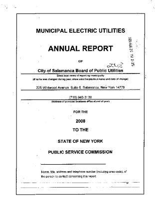 Municipal electric utilities annual report of the City of Salamanca Board of Public Utilities to the Public Service Commission, 2008