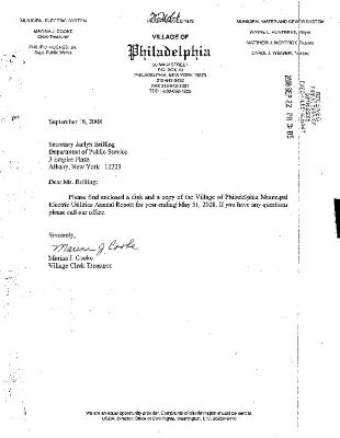 Municipal electric utilities annual report of the Village of Philadelphia to the Public Service Commission, 2008