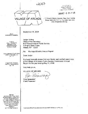 Municipal electric utilities annual report of the Village of Arcade to the Public Service Commission, 2008