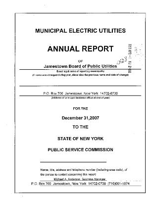 Municipal electric utilities annual report of the Jamestown Board of Public Utilities to the Public Service Commission, 2007
