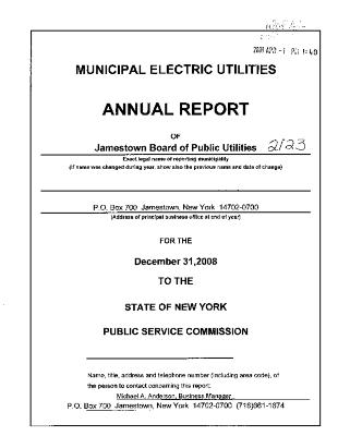 Municipal electric utilities annual report of the Jamestown Board of Public Utilities to the Public Service Commission, 2008
