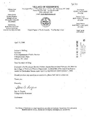 Municipal electric utilities annual report of the Village of Sherburne to the Public Service Commission, 2008
