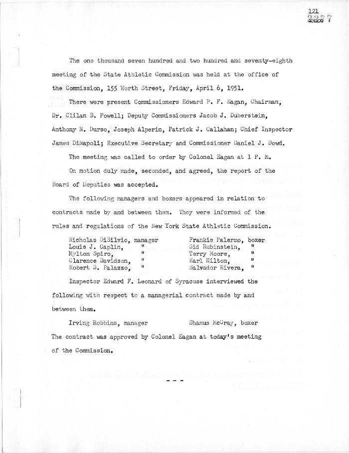 New York State Athletic Commission Minutes, April - June 1951