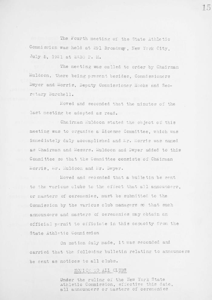 New York State Athletic Commission Minutes, July - December 1921