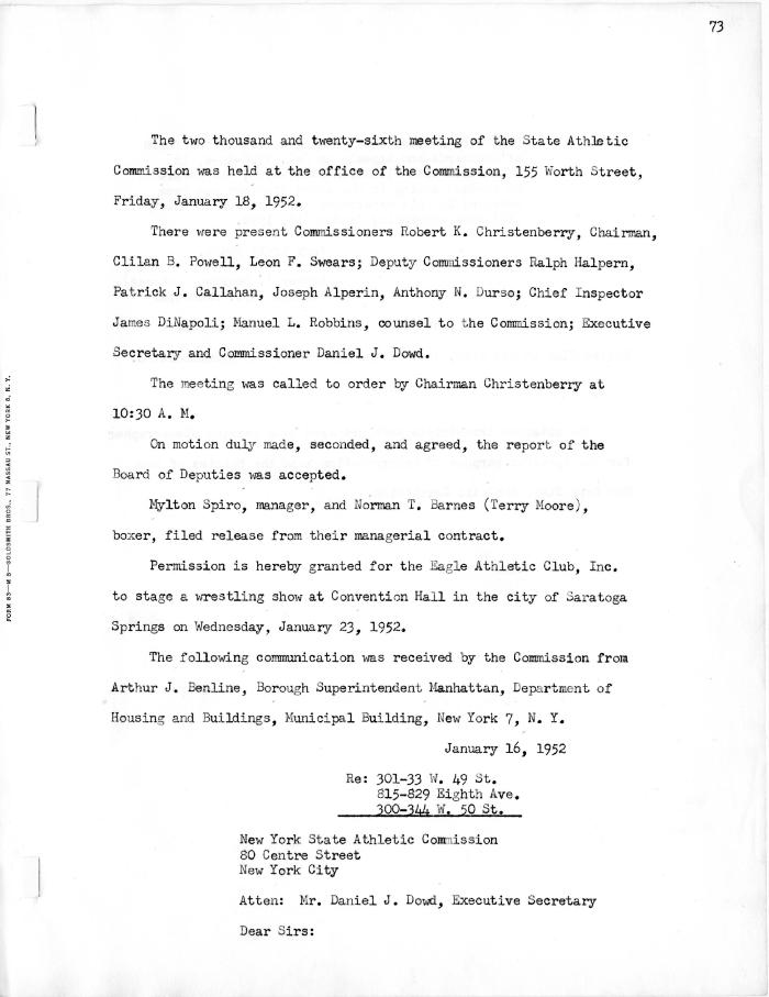 New York State Athletic Commission Minutes, January 18, 1952