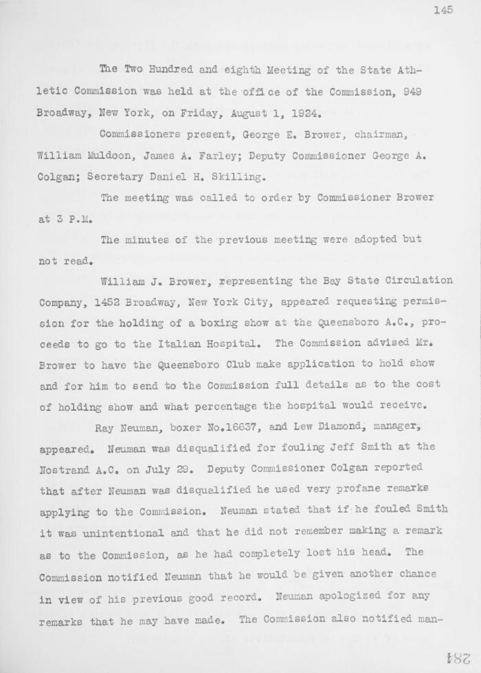 New York State Athletic Commission Minutes, August - December 1924