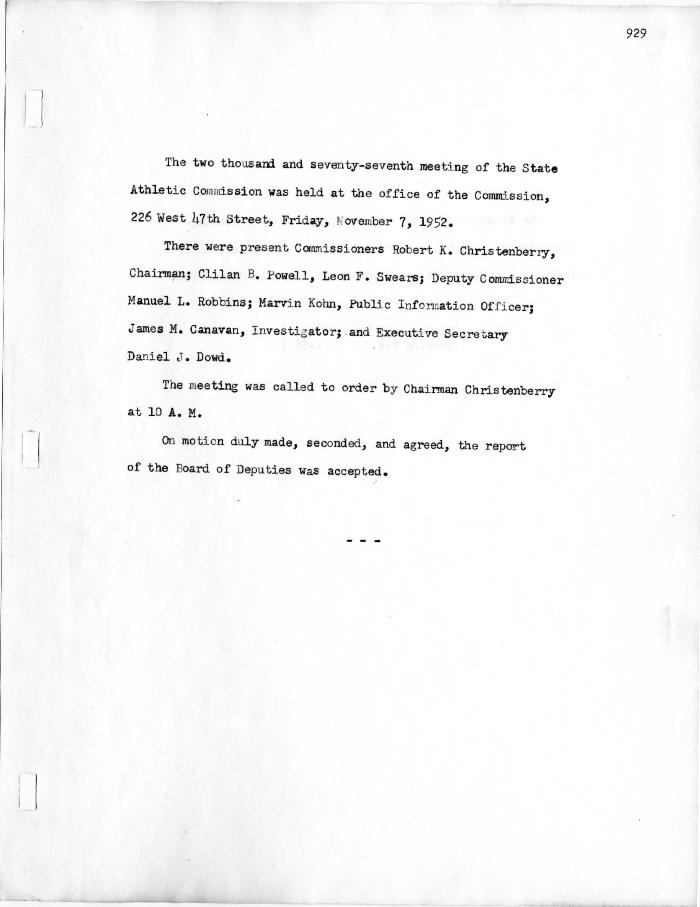 New York State Athletic Commission Minutes, November 1952