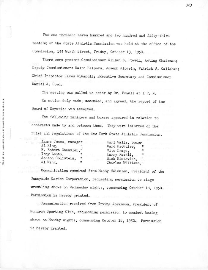 New York State Athletic Commission Minutes, October - December 1950