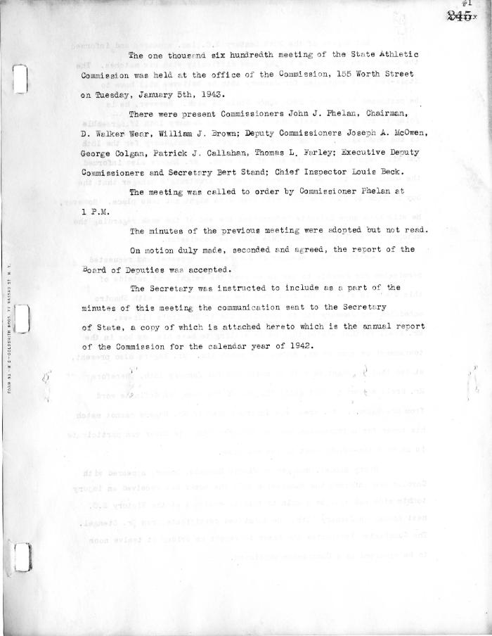 New York State Athletic Commission Minutes, January - August 1943