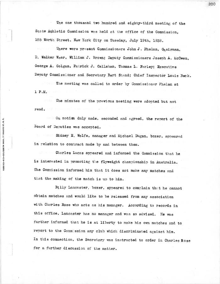 New York State Athletic Commission Minutes, July - December 1938