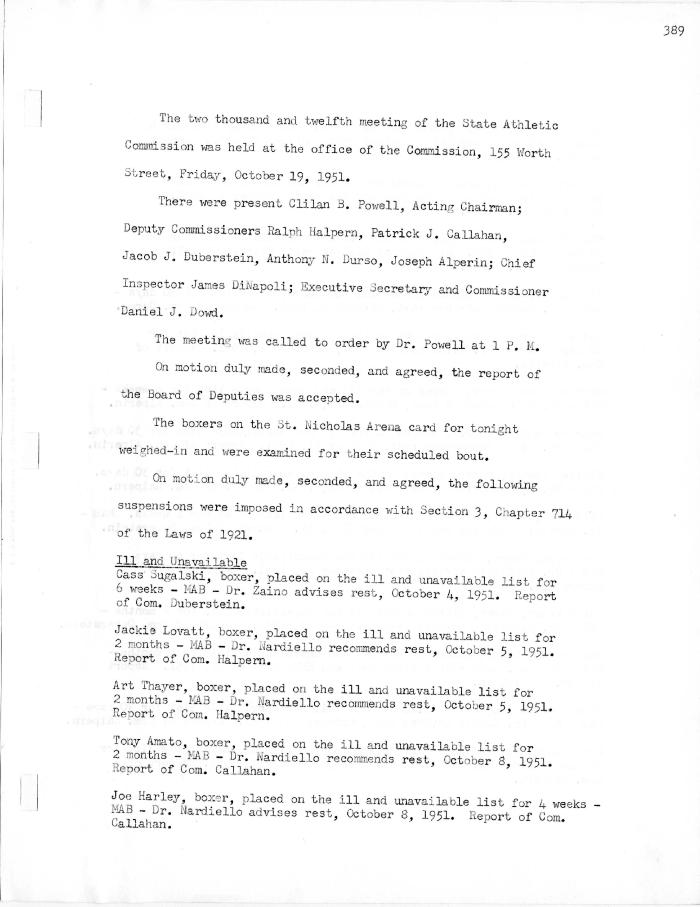 New York State Athletic Commission Minutes, October - December 1951