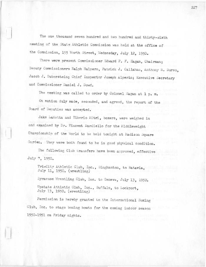 New York State Athletic Commission Minutes, July - October 1950