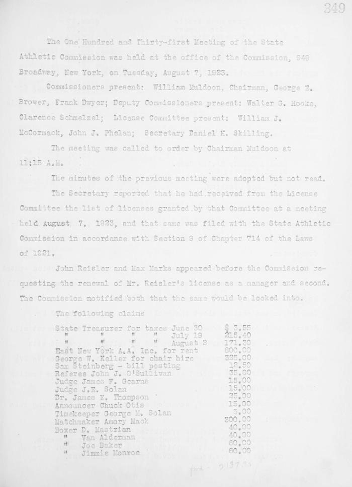 New York State Athletic Commission Minutes, August - December 1923