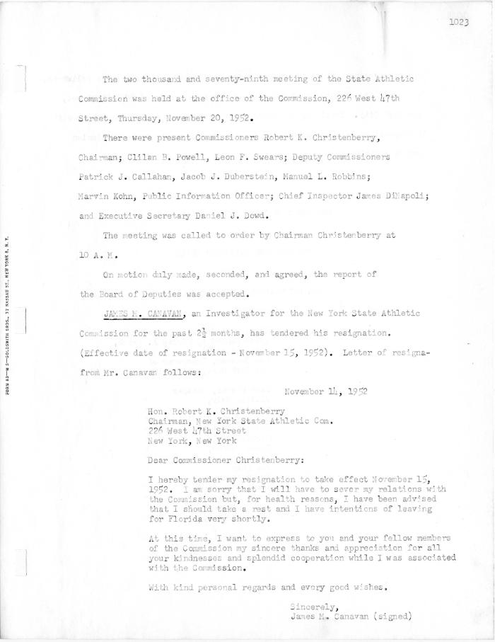 New York State Athletic Commission Minutes, November - December 1952