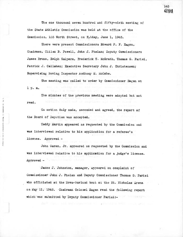 New York State Athletic Commission Minutes, June - September 1945