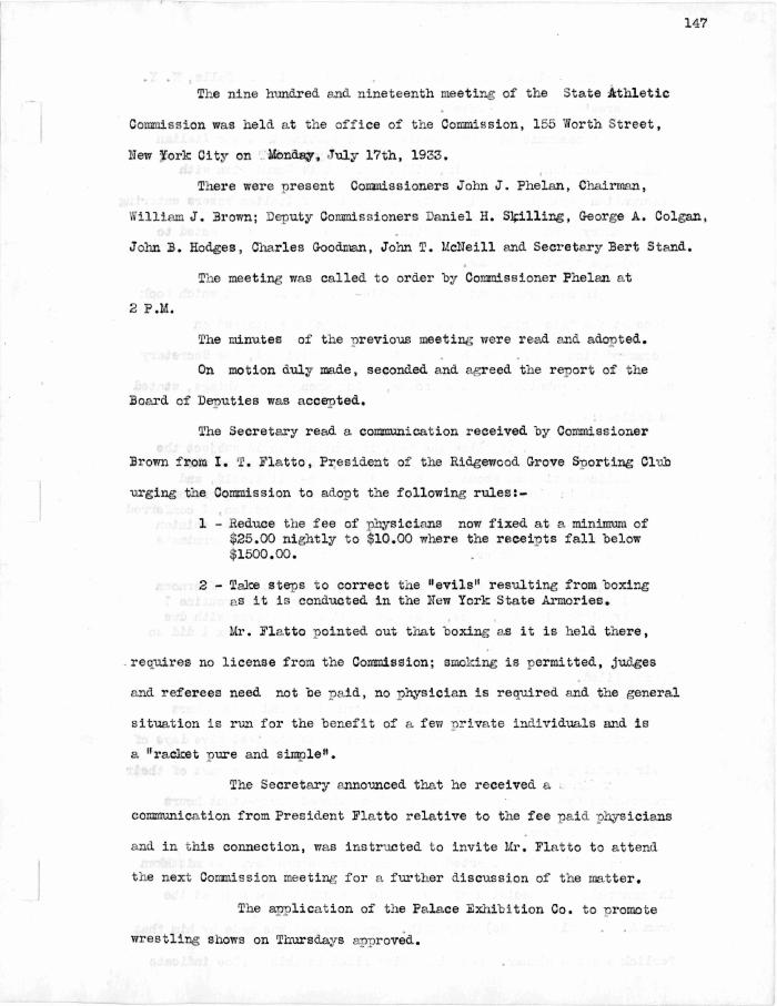 New York State Athletic Commission Minutes, July - December 1933