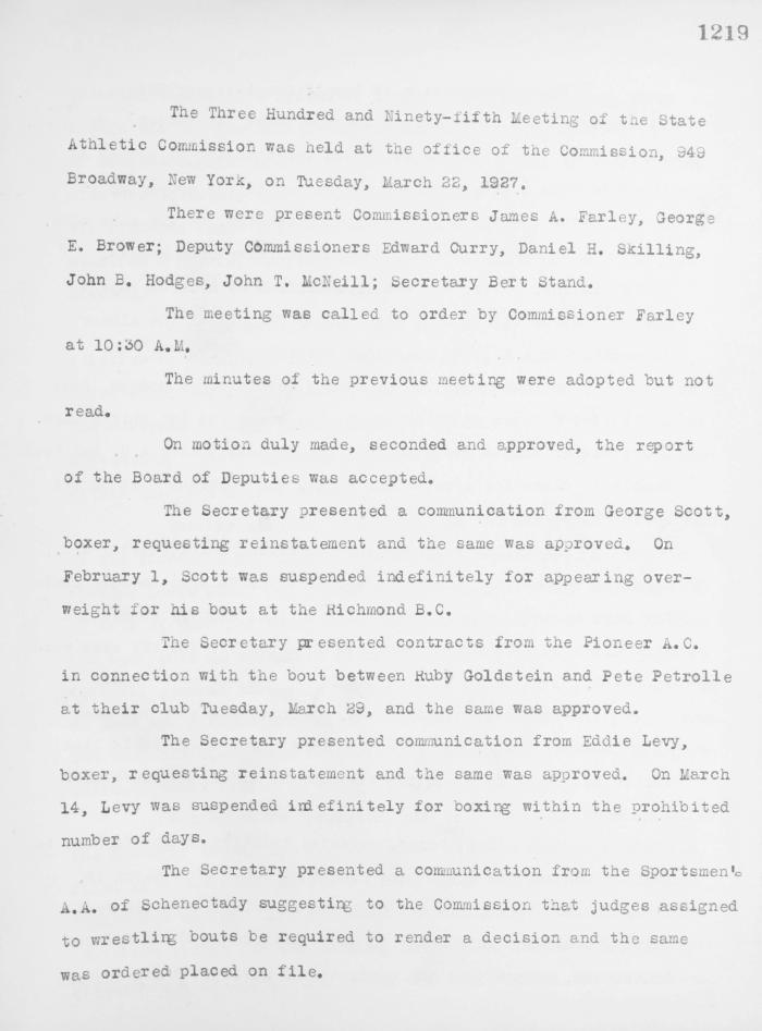 New York State Athletic Commission Minutes, March - June 1927