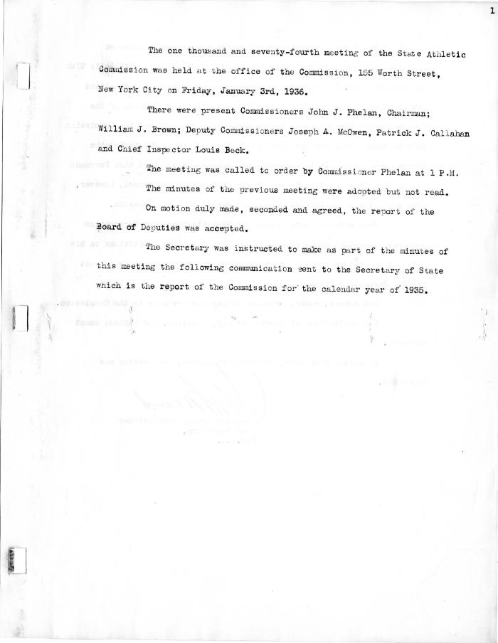 New York State Athletic Commission Minutes, January - March 1936