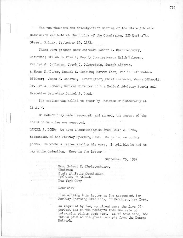 New York State Athletic Commission Minutes, September - October 1952