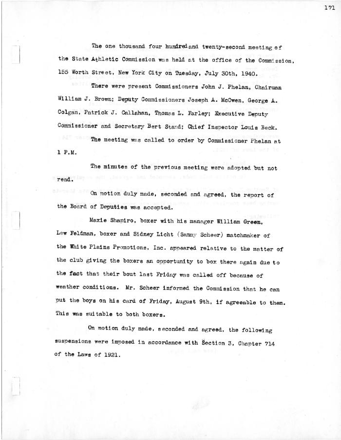 New York State Athletic Commission Minutes, July - December 1940