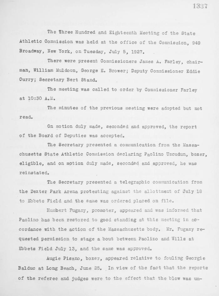 New York State Athletic Commission Minutes, July - September 1927