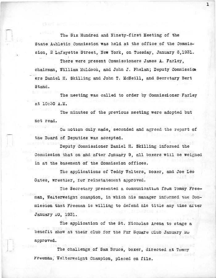 New York State Athletic Commission Minutes, January - June 1931