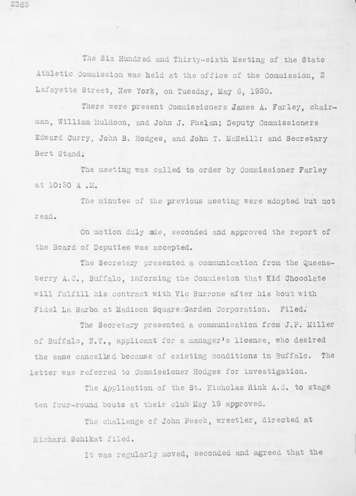 New York State Athletic Commission Minutes, May - August 1930