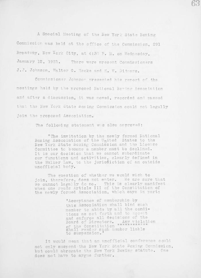 New York State Athletic Commission Minutes, January - June 1921